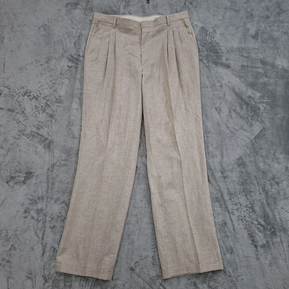 VTG Men's Beige Linen Blend Pants 36x32 Delave Pleated Cuffed Dress Straight Leg